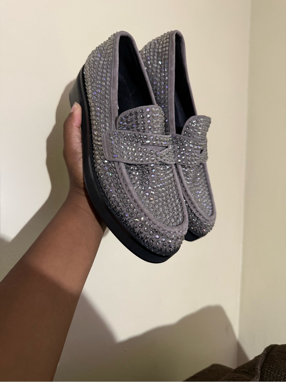 Crystal-Embellished Gray Loafers for Women